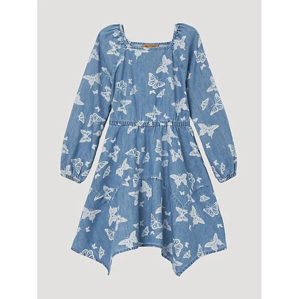 Wrangler Girls XL Blue Denim Butterfly Print Long Sleeve Elastic Waist Dress‎